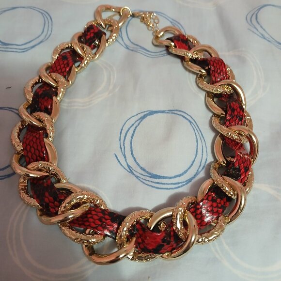 Jewelry - Animal print red and black leather and chain link metal necklace